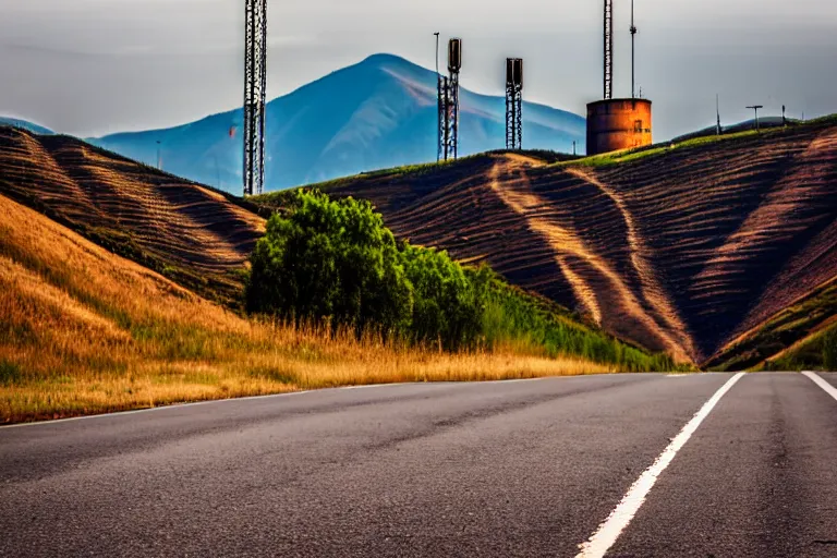 Image similar to looking down road of warehouses. hills background with radio tower on top. telephoto lens compression.