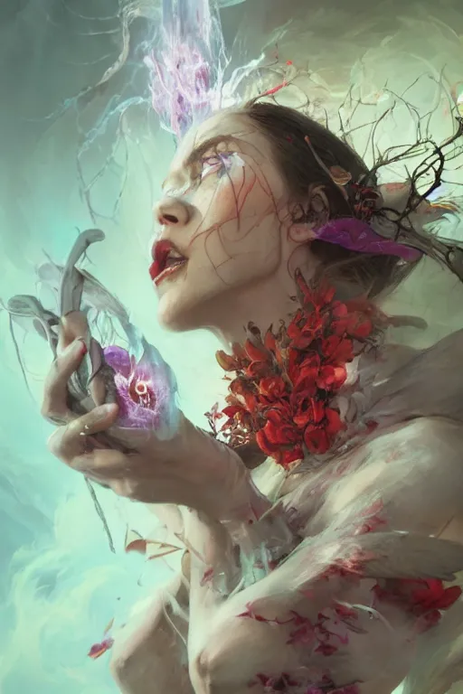 Image similar to face closeup of beautiful girl necromancer, witch - doctor exploding into flowers, angels, 3 d render, hyper - realistic detailed portrait, holding fire and electricity, leaves and magic, ruan jia, wlop. scifi, fantasy, magic the gathering, hyper detailed, octane render, concept art, peter mohrbacher