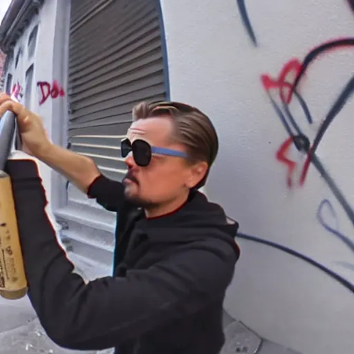 Prompt: bodycam photo of a drunk leonardo dicaprio spraying his graffiti tag in a wall, wide angle, fisheye, uhd, 8 k, bodycam, award winning,