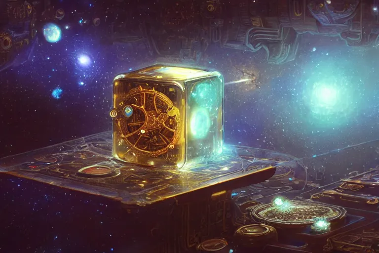 Image similar to A very highly detailed steampunk galaxy inside a resin cube on the table of a very highly detailed smooth futuristic lab digital concept art by Greg Rutkowski, neofuturistic highly detailed, digital concept art, Dimensional cyan gold natural light, sharp focus, realistic concept art by Stephen Hickman and James Gurney and Hiromasa Ogura rendered in Octane Render, From the distance