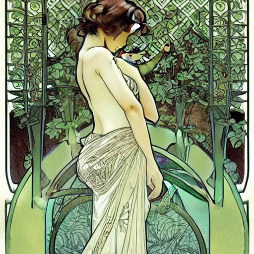 Prompt: “ a girl looking down at a bonsai!!!!!!!! tree, very detailed, by alphonse mucha and paul pope ”