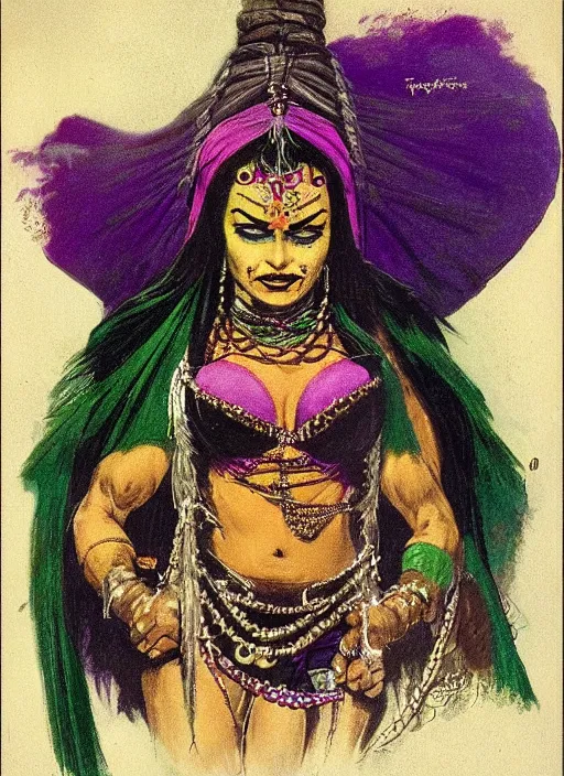 Image similar to portrait of muscular indian vampiress, jeweled veil, purple and green, strong line, saturated color, beautiful! coherent! by frank frazetta, high contrast, minimalism