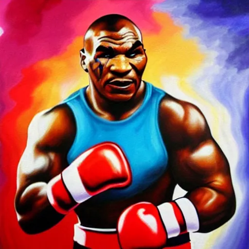 Image similar to a vivid airbrush painting of mike tyson eating a fist full of shrooms