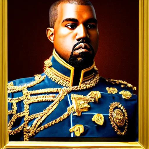 Image similar to Portrait of Kanye West dressed as emperor napoleon, splash art, cinematic lighting, dramatic, octane render, long lens, shallow depth of field, bokeh, anamorphic lens flare, 8k, hyper detailed, 35mm film grain