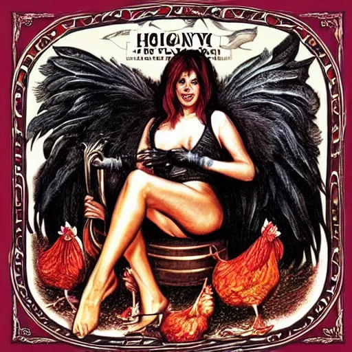 Image similar to Woman!! sitting astride a huge chicken, heavy metal album cover