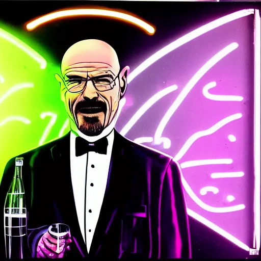 Image similar to portrait of walter white in a tuxedo, laughing in a modern night club, neon lights