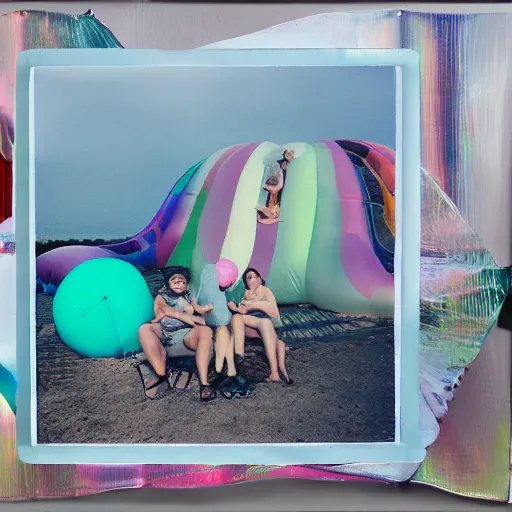 Image similar to a pastel colour high fidelity wide angle Polaroid art photo from a holiday album at a seaside with abstract inflatable parachute furniture, all objects made of transparent iridescent Perspex and metallic silver, people in masks relax, iridescence, nostalgic