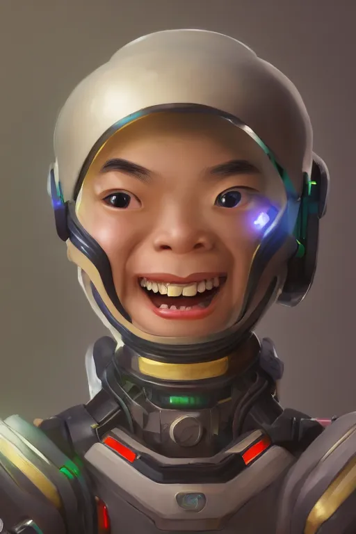 Prompt: a painting of cute Asian smiling, cyborg, in the style of Pixar animation, low angle view, 16mm lens, award winning, hyper detailed, dramatic lighting, artstation, octane renderer, unreal engine