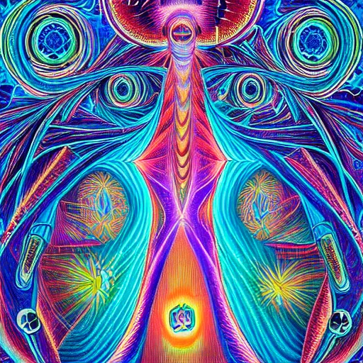 Prompt: a DMT trip about discovering the Theory of Everything, drawn by Alex Grey, highly detailed and colored, trending on artstation