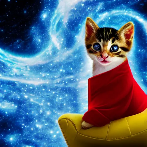 Image similar to a kitten wearing a red cape floating through galaxies of space on a recliner chair, cosmic rays, dramatic lighting, spirals galaxies