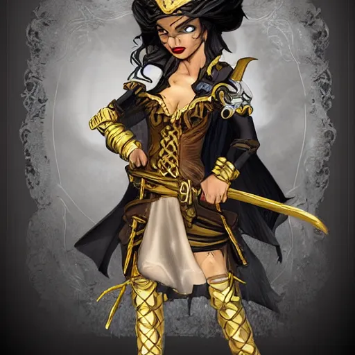 Image similar to level 10 D&D character, D&D character art, female spaniard, light skin, swashbuckler rogue, black with gold accents, organza waves