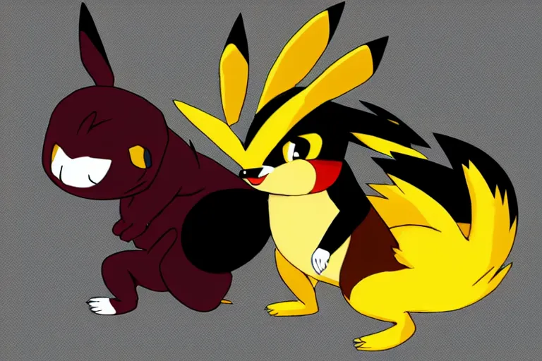 Image similar to zorua the black and maroon fox - like pokemon playing with a yellow and black pikachu, digital anime art