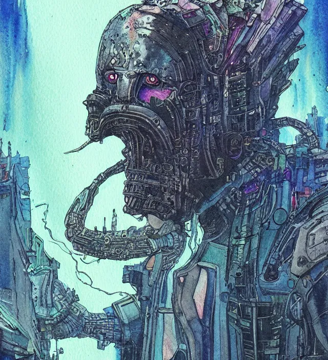 Image similar to a watercolor ink painting of a cyberpunk grimdark demon in the style of jean giraud in the style of moebius trending on artstation deviantart pinterest detailed realistic hd 8 k high resolution