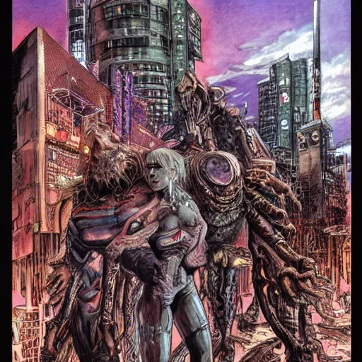 Prompt: sci - fi monster hunters, walking in shinjuku, hyperdetailed, art by liam sharp