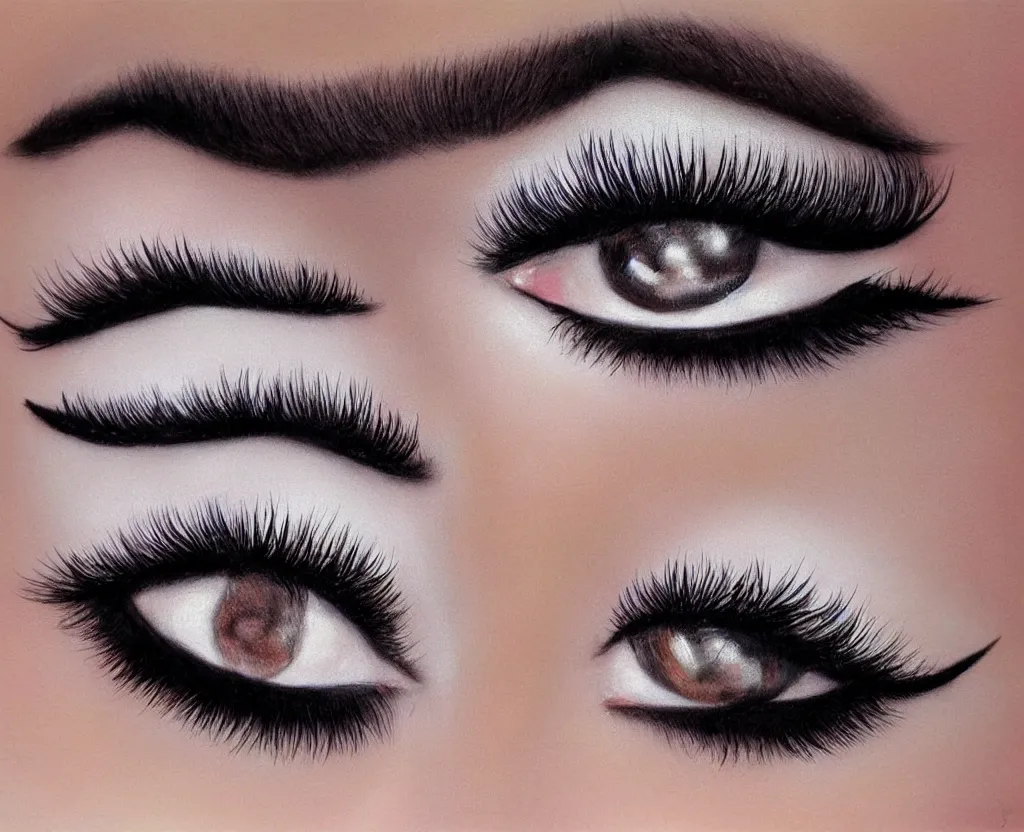 Image similar to realistic and detailed soft airbrush of female eye with eyeliner and long lashes on white background, inspired by 8 0's airbrush illustrations, art by pater sato