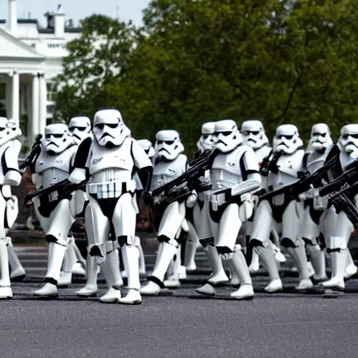 Prompt: Obama leading an Army of Stormtrooper to attack the White house, Obama has a red lightsaber in his right hand, high field of view, 40nm lens, shallow depth of field, split lighting, 4k,