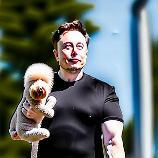 Image similar to a closeup photo of elon musk walking his big mutant poodle, f 2. 8, 1 0 0 mm lens