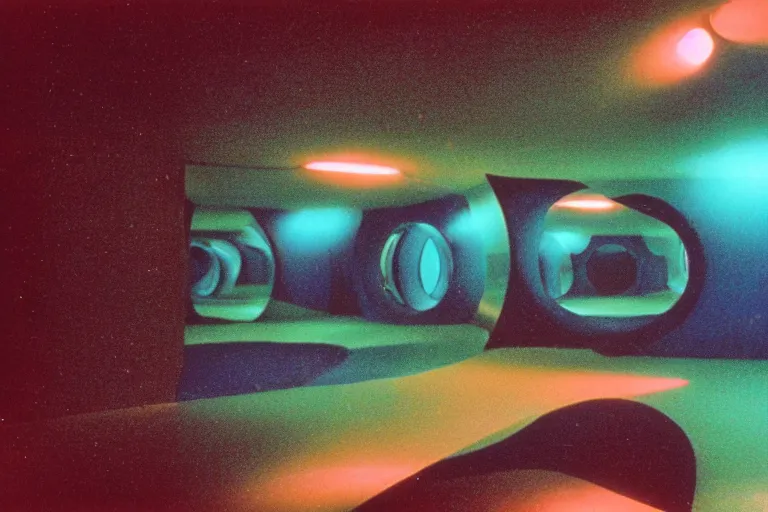 Prompt: 1 9 7 0 s found footage of an underwater space made up of a non - euclidean, geometric and tiled swimming pool hallways, neon color bleed, ektachrome photograph, volumetric lighting, f 8 aperture, cinematic eastman 5 3 8 4 film stanley kubrick