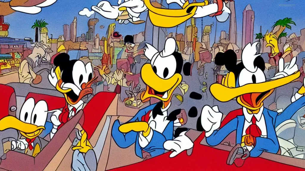 Image similar to fear and loathing in las vegas featuring donald duck, animation movie scene by don rosa