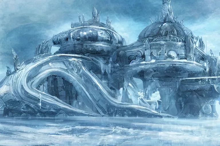 Image similar to “Alien ice palace architecture in frozen sea concept art painting by Das Eismeer”