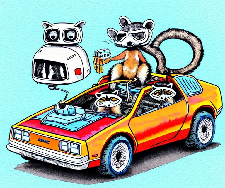 Image similar to cute and funny, racoon wearing a helmet riding in a tiny hot rod dmc delorean with oversized engine, ratfink style by ed roth, centered award winning watercolor pen illustration, isometric illustration by chihiro iwasaki, edited by range murata