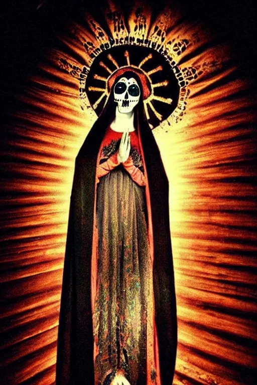 Image similar to phot taken in the 1 9 2 0's, virgin mary in dia de muertos dress and make up, horrific beautiful vibe, evocative, atmospheric lighting, painted, intricate, highly detailed,