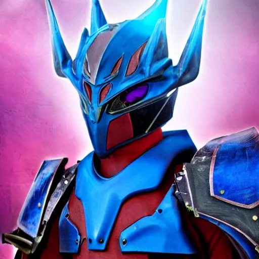 Image similar to High Fantasy Kamen Rider, blue armor with red secondary color, 4k, glowing eyes, daytime, grid textured armor plating, rubber suit, dragon inspired armor