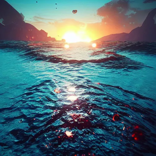 Image similar to “poop floating in the deep ocean, unreal engine 4 render, digital art, trending on artstation, beautiful sunset, dynamic lighting,”