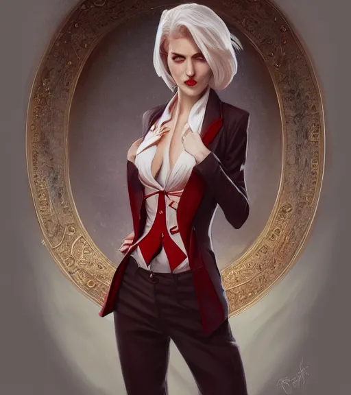 Prompt: a female vampire a golden waistcoat, red shirt, grey hair, red necktie, cinematic, stunning, highly detailed, digital painting, artstation, smooth, hard focus, full body shot, illustration, art by artgerm and greg rutkowski and alphonse mucha