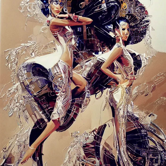 Image similar to cambodian princess, full body, high fashion, futurism, aerodynamic, flowing, intricate, ornate, highly detailed, digital painting, vogue, concept art, smooth, sharp focus, hd, art by syd mead and john berkey and annie leibovitz