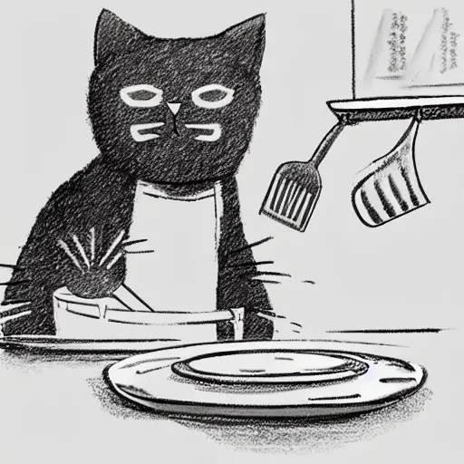 Image similar to a cute cat cooking a breakfast, sketch, high quality