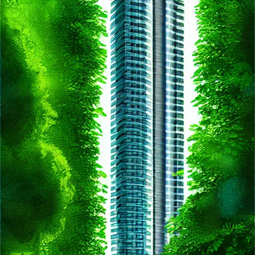 Prompt: Two futuristic towers with a skybridge covered in lush foliage, digital art