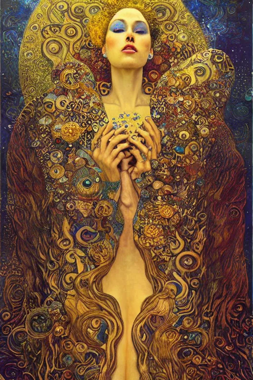 Image similar to Visions of Paradise by Karol Bak, Jean Deville, Gustav Klimt, and Vincent Van Gogh, visionary, otherworldly, fractal structures, infinite celestial wings, ornate gilded medieval icon, third eye, spirals, heavenly spiraling clouds with godrays, airy colors