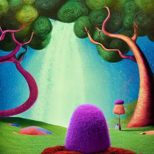 Image similar to a black girl with a colorful afro and big beautiful eyes meditating in an african zen garden with a waterfall!! and a baobab tree, bokeh!, bright colors, synthwave, watercolor, volumetric wool felting, felt, macro photography, children illustration, by goro fujita