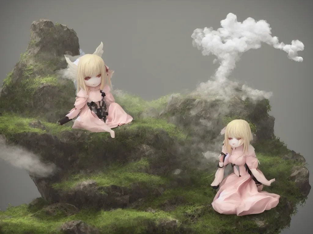 Image similar to cute fumo plush gothic angel maiden girl sitting on a floating island, isometric projection, wisps of smoke and volumetric fog, vignette, orthographic, vray