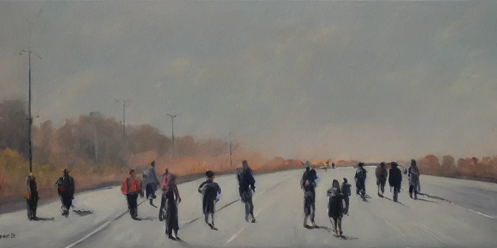 Image similar to People strolling along the highway, Martin Handford painting style.