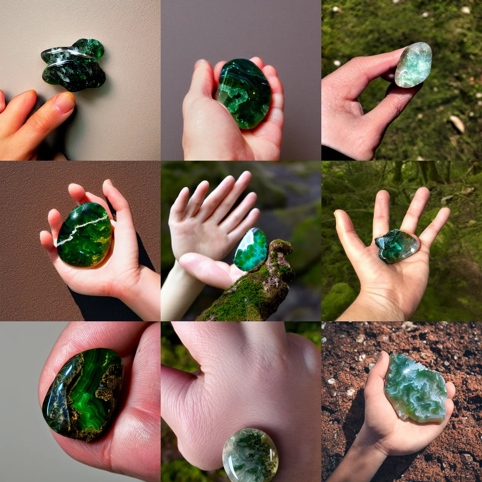 Prompt: hand photography, discernible hand with thumb and 4 fingers, holding a moss agate