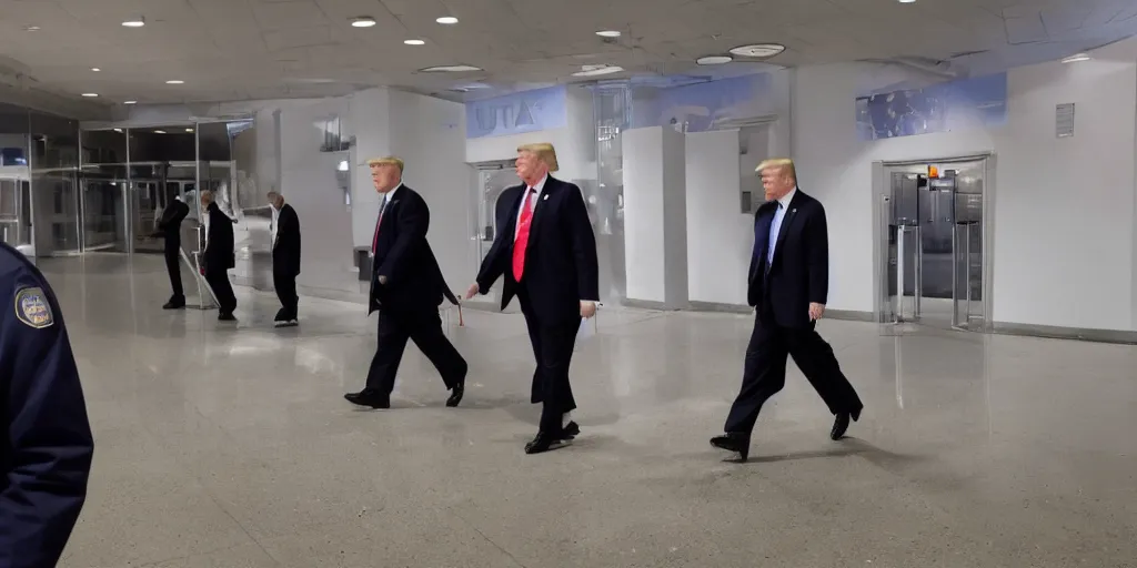 Prompt: ultra wide angle photo of donald trump dressed as a janitor walking silently past security guards, security guards