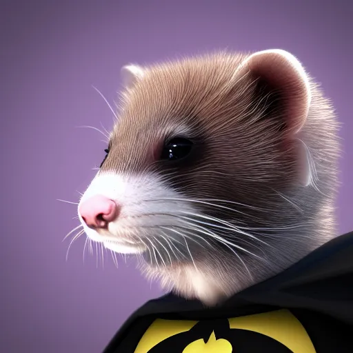 Image similar to A ferret as Batman, 3D render, Cinema 4D