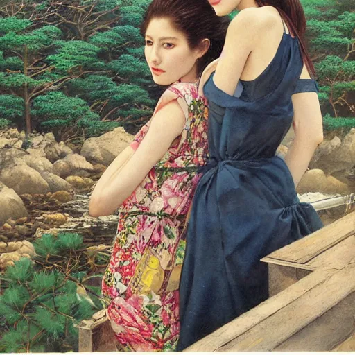 Prompt: a portrait of two beautiful 3 0 year old sisters in a scenic environment by noriyoshi ohrai