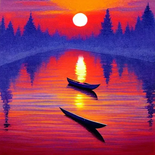 Prompt: canoe in a river, romanticism art style, red sunset