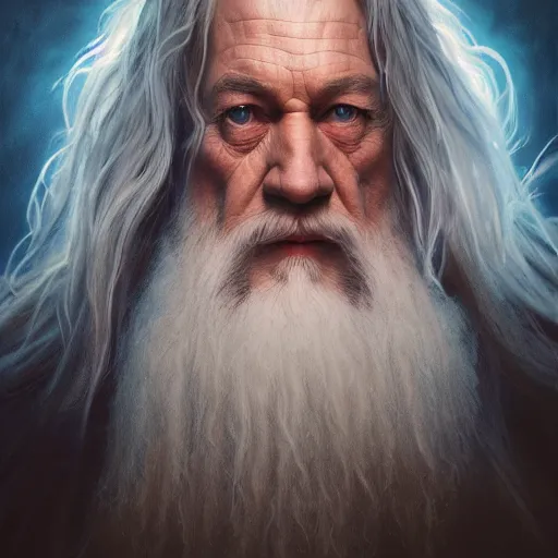 Image similar to a portrait of gandalf cinematic lighting, photorealistic, octane render, 8 k, depth of field, 3 d, art by artgerm and greg rutkowski and alphonse mucha and uang guangjian and gil elvgren and sachin ten