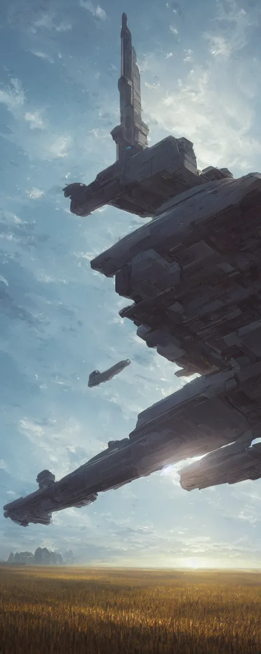 Image similar to wide shot of a tall and thin monolithic spaceship hovering in the air high above a cornfield, late afternoon, golden hour, highly detailed, smooth, sharp focus, concept art by greg rutkowski and ruan jia and stanley lau