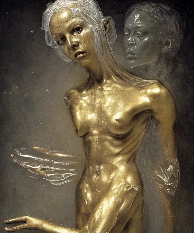 Image similar to Beautiful full-body wax sculpture of glowing transparent woman with visible golden bones covered with melted white candle wax inside the singularity where stars becoming baroque folds of dark matter by Michelangelo da Caravaggio, Nicola Samori, William Blake, Alex Grey and Beksinski, dramatic volumetric lighting, highly detailed oil painting, 8k, masterpiece