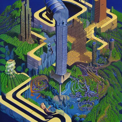 Prompt: isometric world by michael whelan.