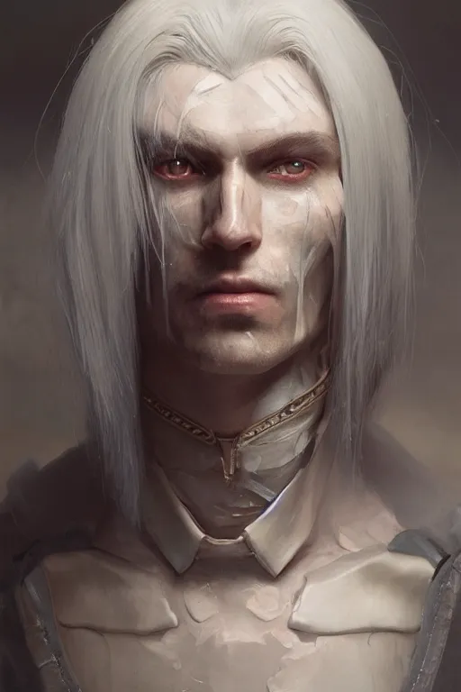 Image similar to a portrait of a toned male automaton with long white hair and pale skin with joints still visible by greg rutkowski, sung choi, mitchell mohrhauser, maciej kuciara, johnson ting, maxim verehin, peter konig, bloodborne, 8 k photorealistic, cinematic lighting, hd, high details, dramatic, dark atmosphere, trending on artstation