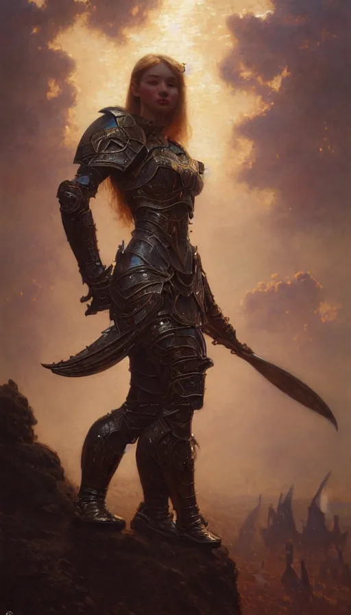 Prompt: a full body portrait of a good - lookiung girl wearing armor, high detail, cleary see face, by gaston bussiere, bayard wu, greg rutkowski, odd nerdrum, maxim verehin, dan dos santos, masterpiece, sharp focus, cinematic lightning