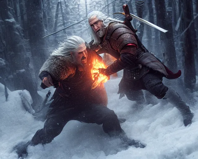 Image similar to 5 5 mm portrait photo of geralt fighting a demonic bear. magical atmosphere. art by greg rutkowski. highly detailed 8 k. intricate. lifelike. soft light. nikon d 8 5 0.