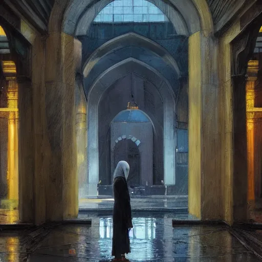 Image similar to detailed face of a woman, moment, courtyard, capital, cyberpunk mosque interior, control panel, watcher, omniscient, tech noir, wet reflections, impressionism, atmospheric, ambient, speed painting, livia prima, greg rutkowski, edward hopper