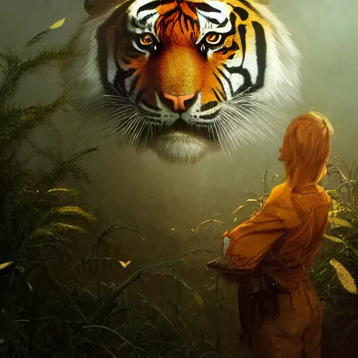 Prompt: portrait of a tiger, exudes terror, highly detailed vfx portrait, unreal engine, greg rutkowski, loish, rhads, caspar david friedrich, makoto shinkai and lois van baarle, ilya kuvshinov, rossdraws, elegent, tom bagshaw, alphonse mucha, global illumination, detailed and intricate environment.